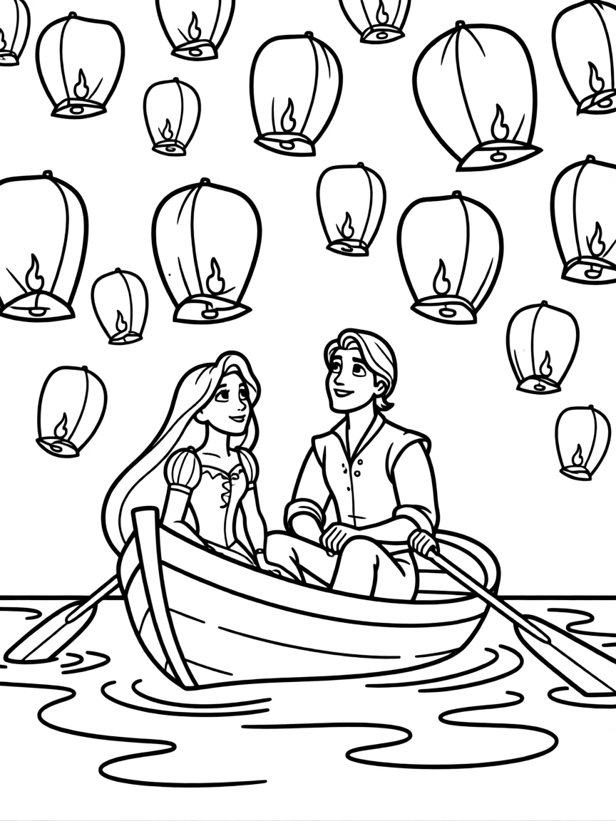 Rapunzel and Flynn Rider on a boat, watching lanterns.
