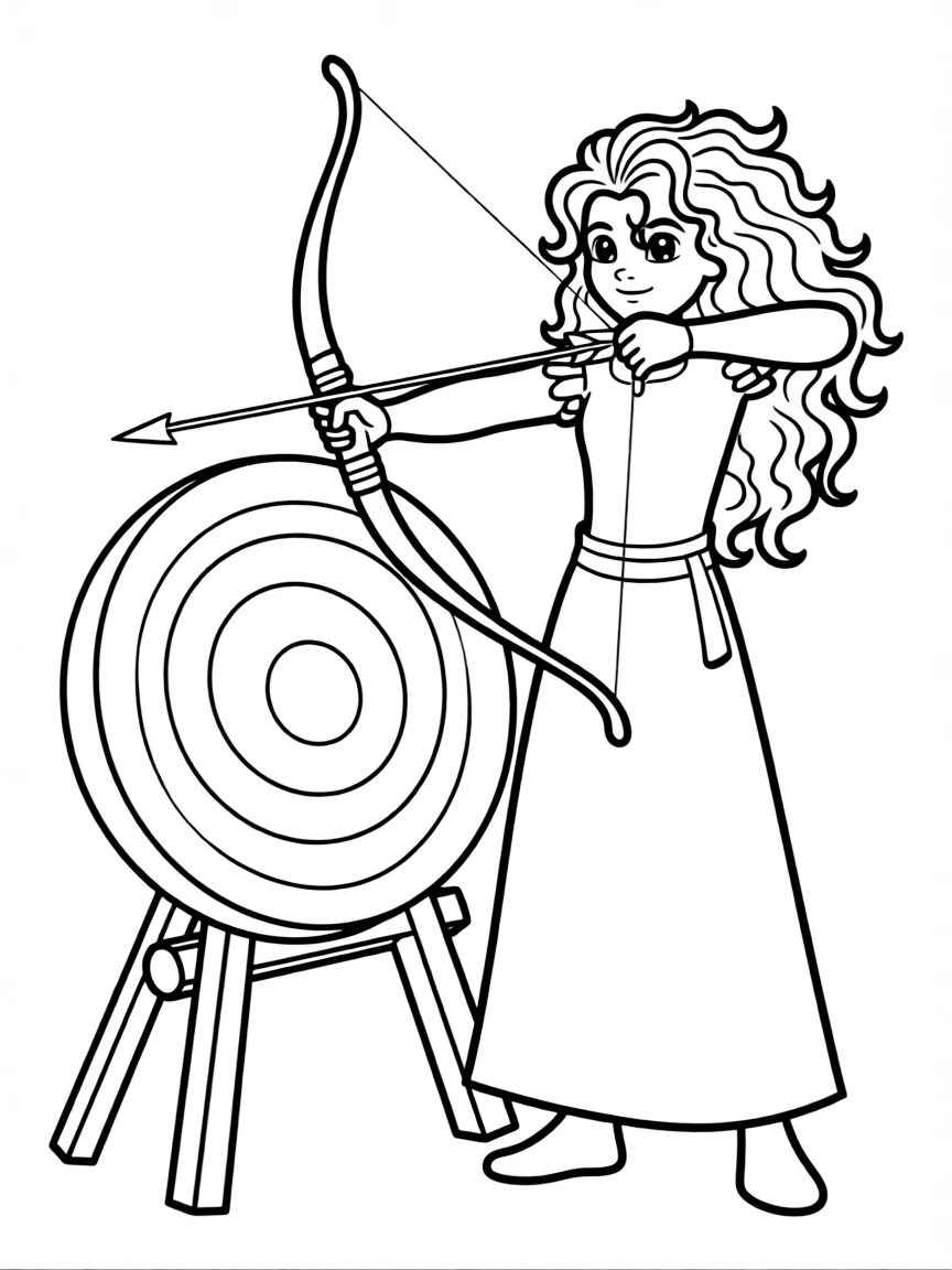 Merida showing her archery skills, with a target.