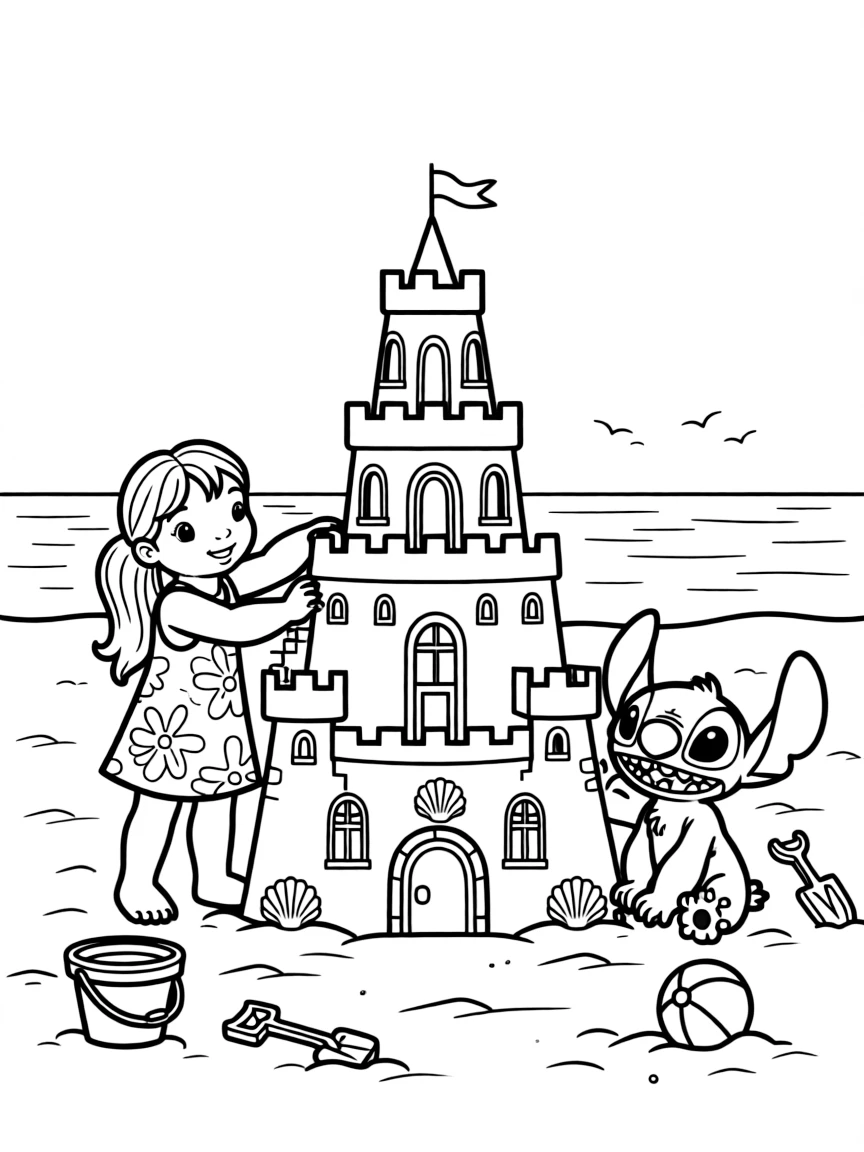 Lilo and Stitch building a huge sandcastle.