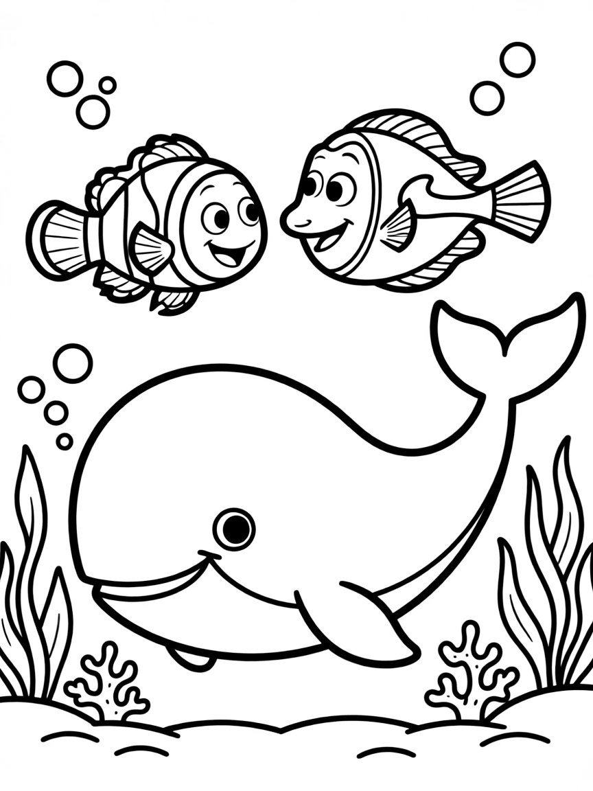 Nemo and Dory encountering a friendly whale.