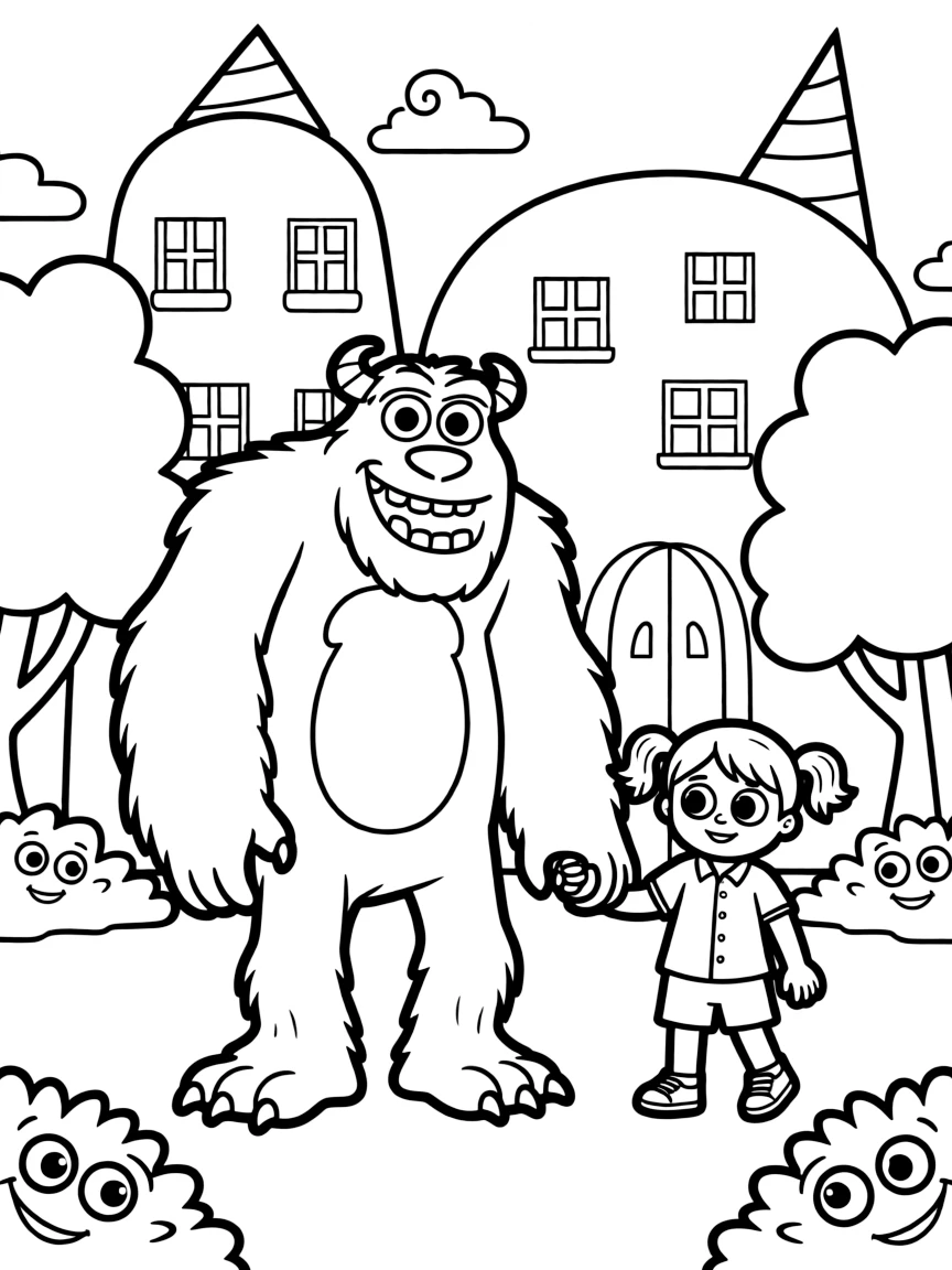 Sulley holding Boo's hand, walking through the monster world.