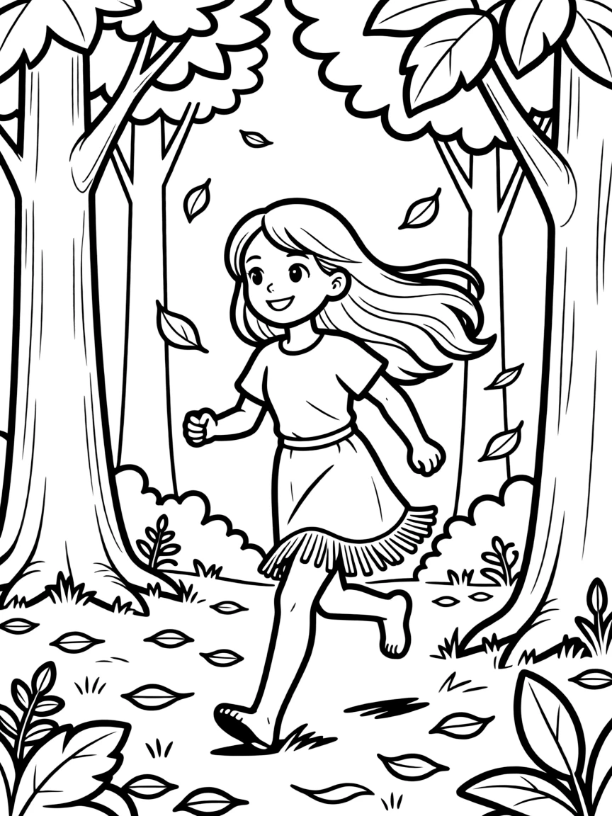 Pocahontas running through the forest, with leaves falling.