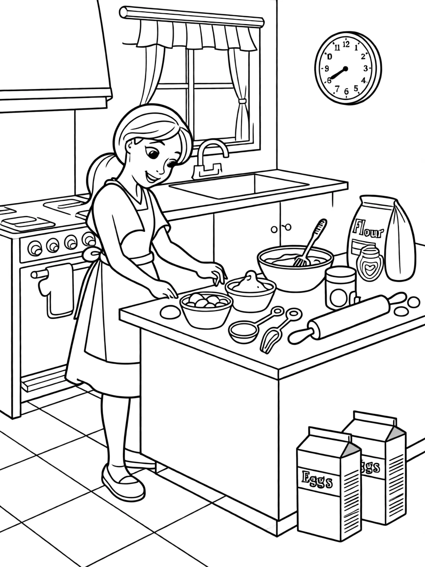 Tiana working hard in her kitchen, with ingredients all around.