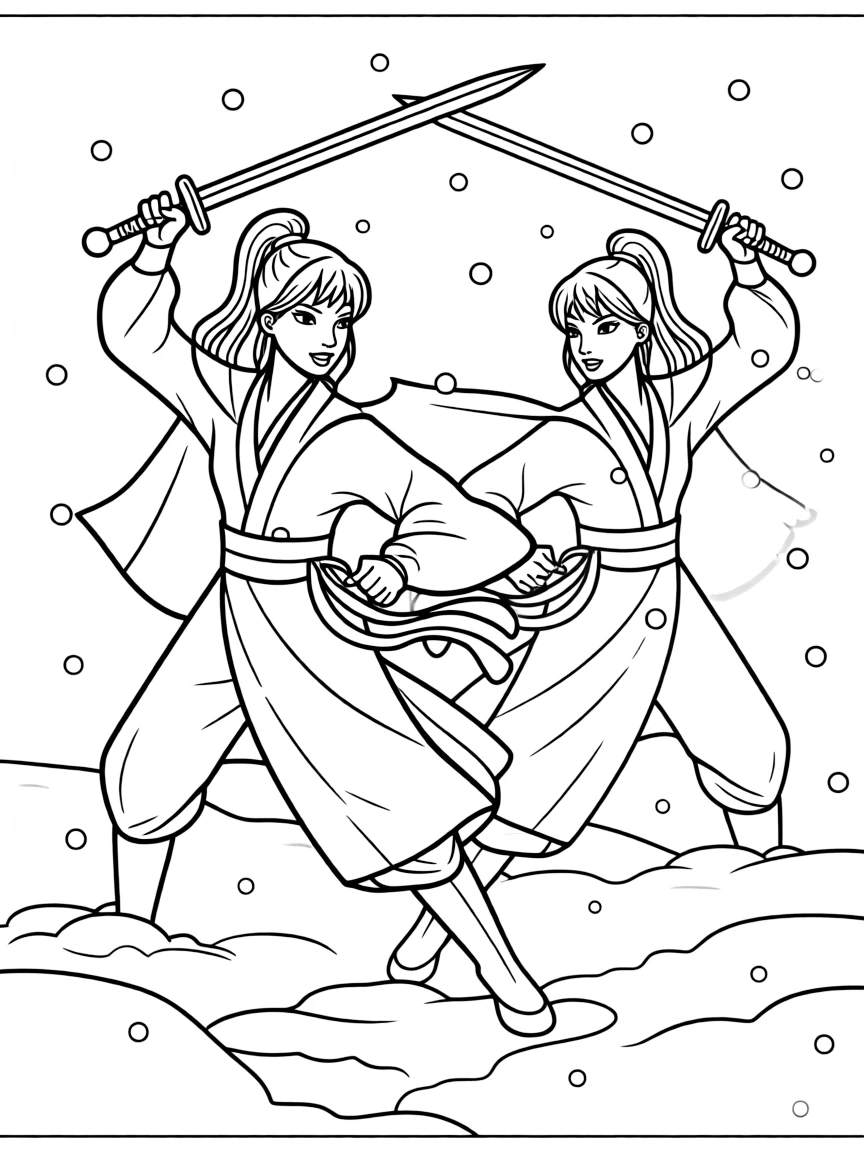Mulan fighting bravely in the snow, with her reflection.