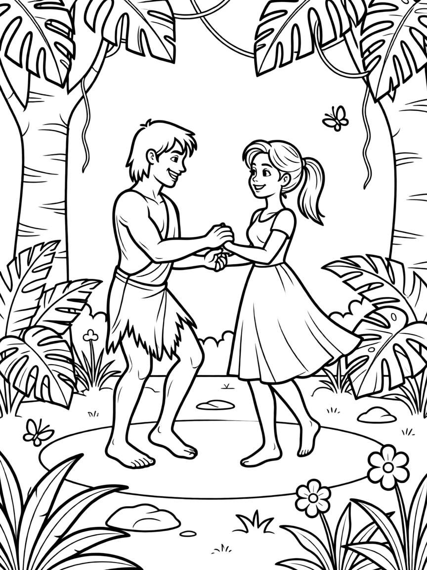 Tarzan and Jane dancing in the jungle.