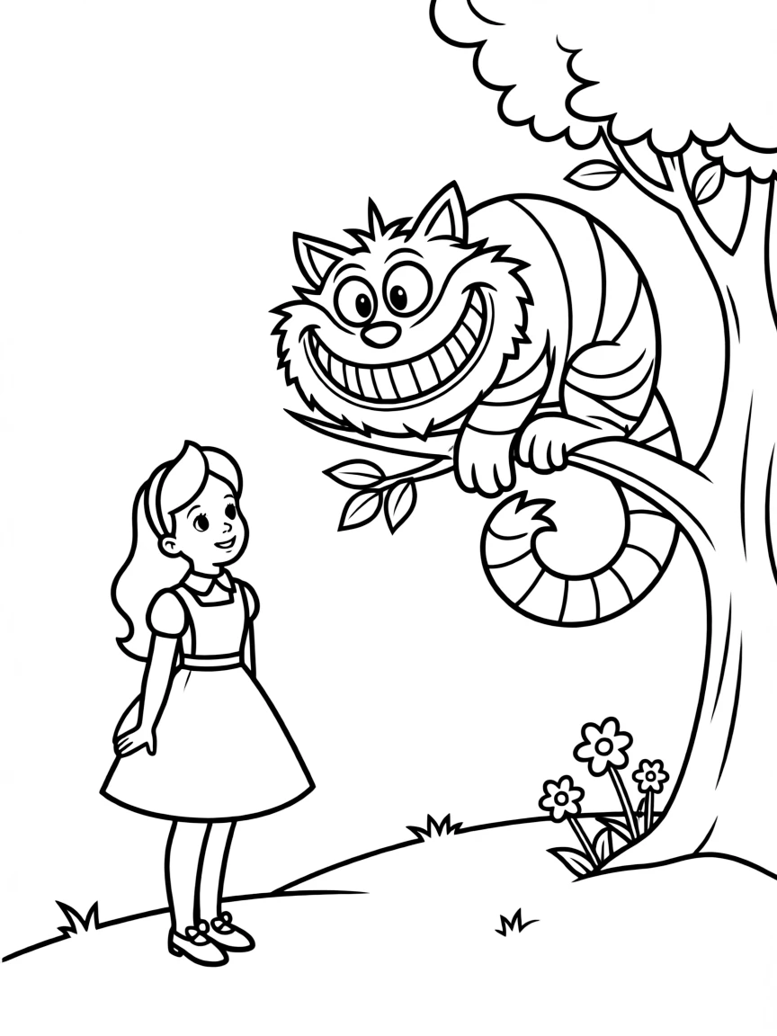 Alice having a conversation with the grinning Cheshire Cat.