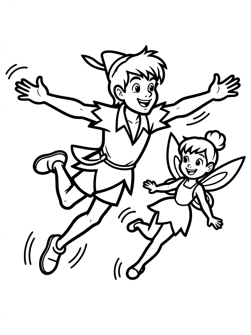 Peter Pan and Tinker Bell flying side by side.