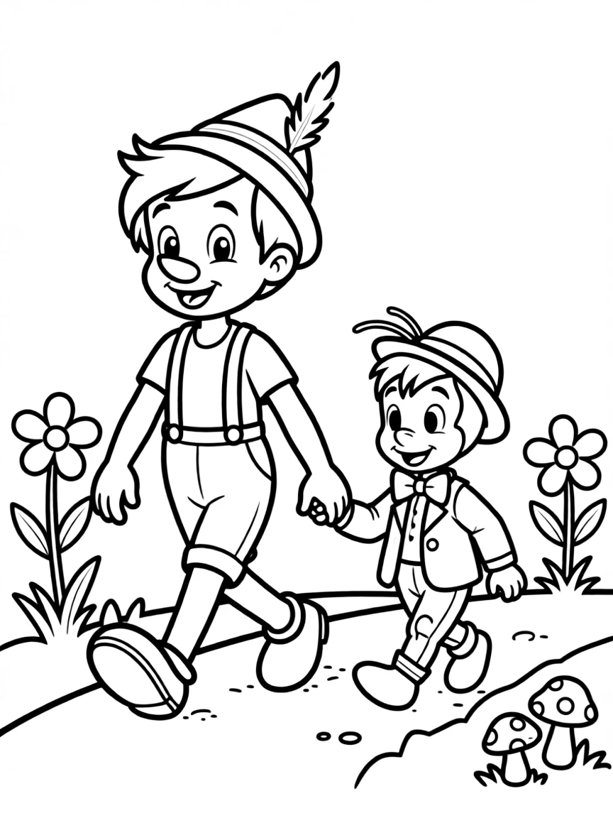 Pinocchio and Jiminy Cricket walking hand in hand.