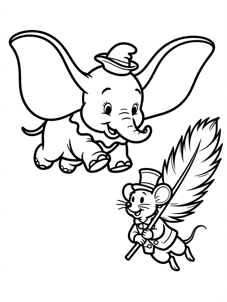 Dumbo and Timothy flying with a feather.