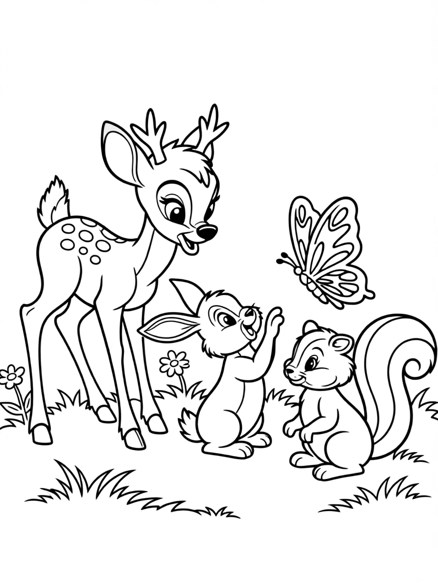 Bambi, Thumper, and Flower looking at a butterfly.