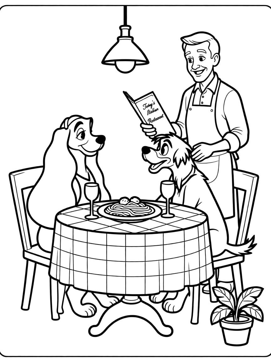 Lady and Tramp having a romantic dinner at Tony's.