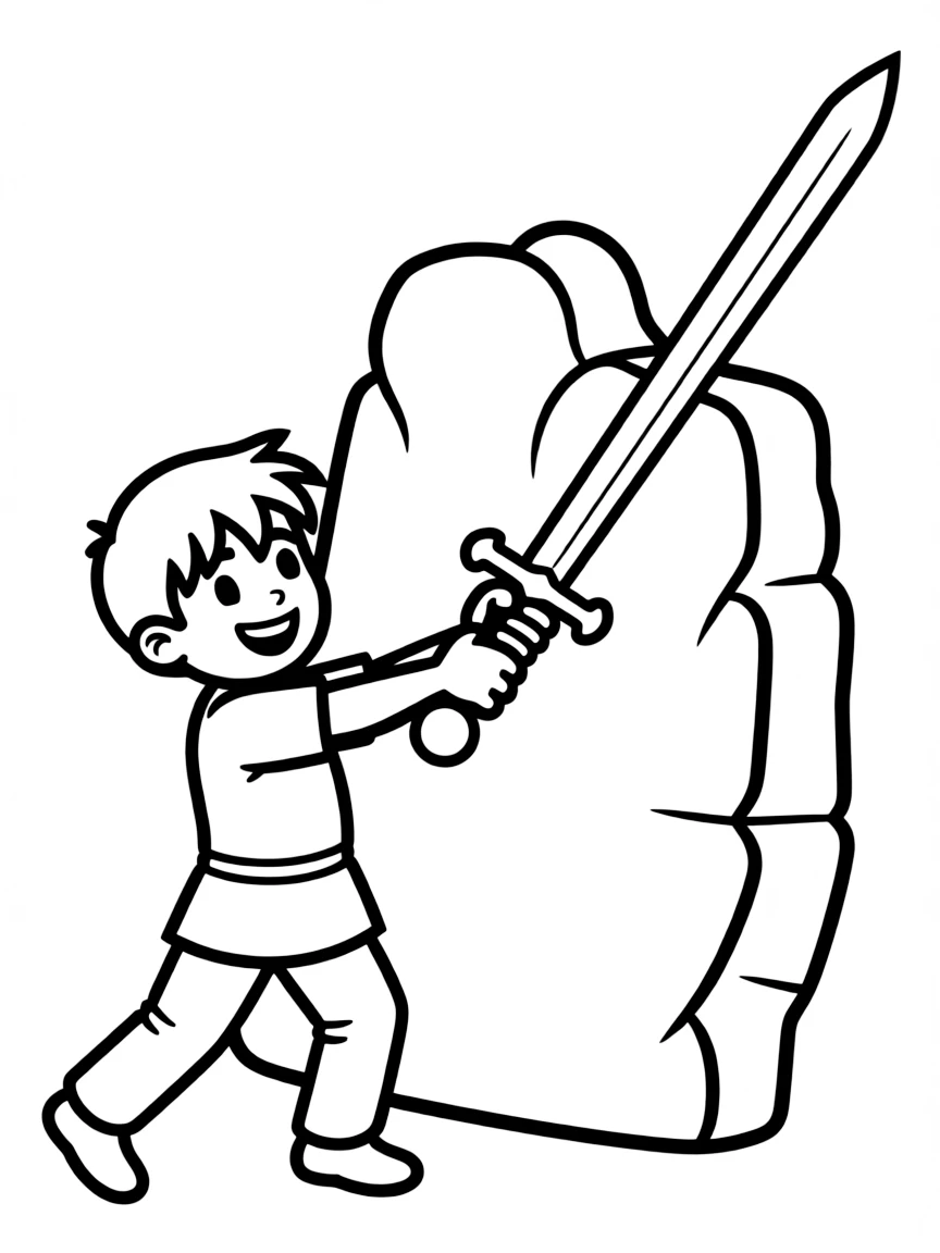 Arthur pulling the sword from the stone, looking triumphant.