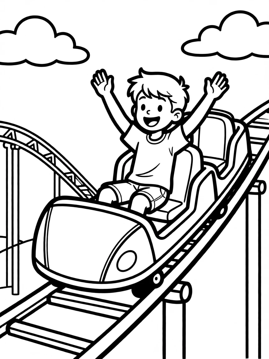 Mickey Mouse on a rollercoaster, hands in the air.