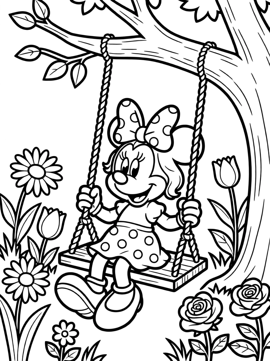 Minnie Mouse sitting on a swing, surrounded by flowers.