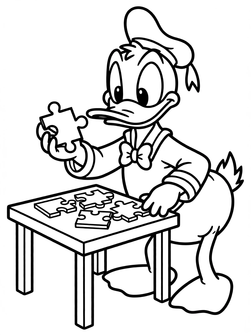 Donald Duck trying to put together a puzzle, looking confused.