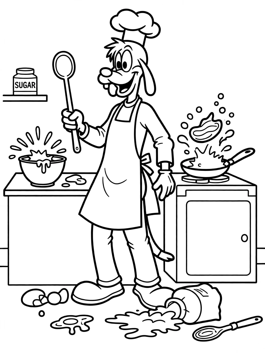Goofy attempting to cook, making a mess.