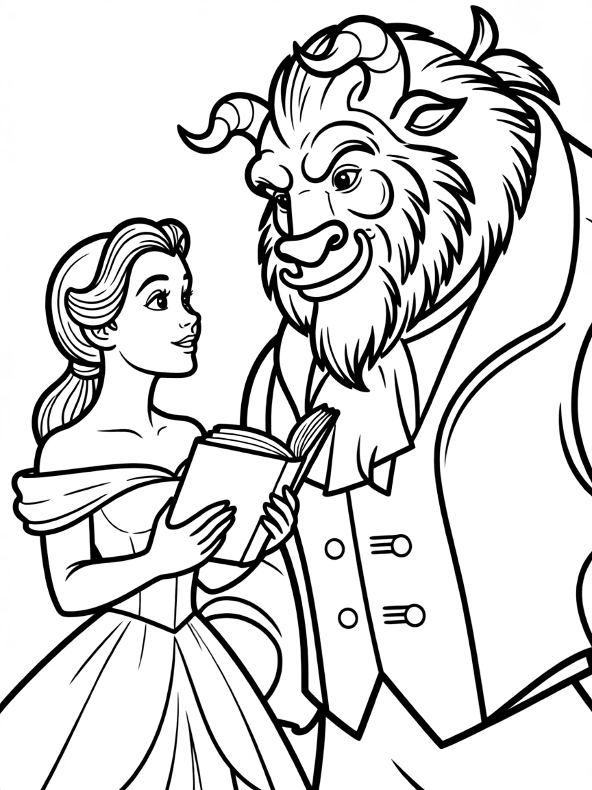 Belle holding a book, with the Beast listening intently.
