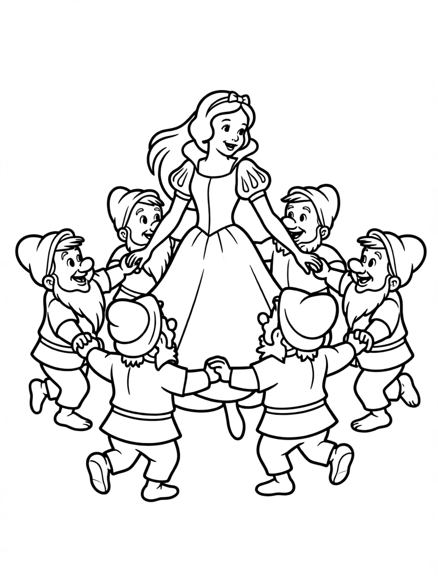 Snow White dancing with the Seven Dwarfs.