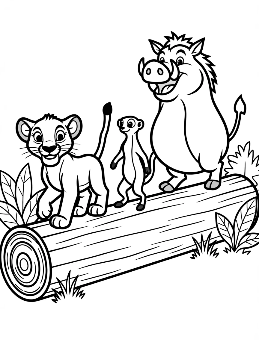 Simba, Timon, and Pumbaa walking across a log.