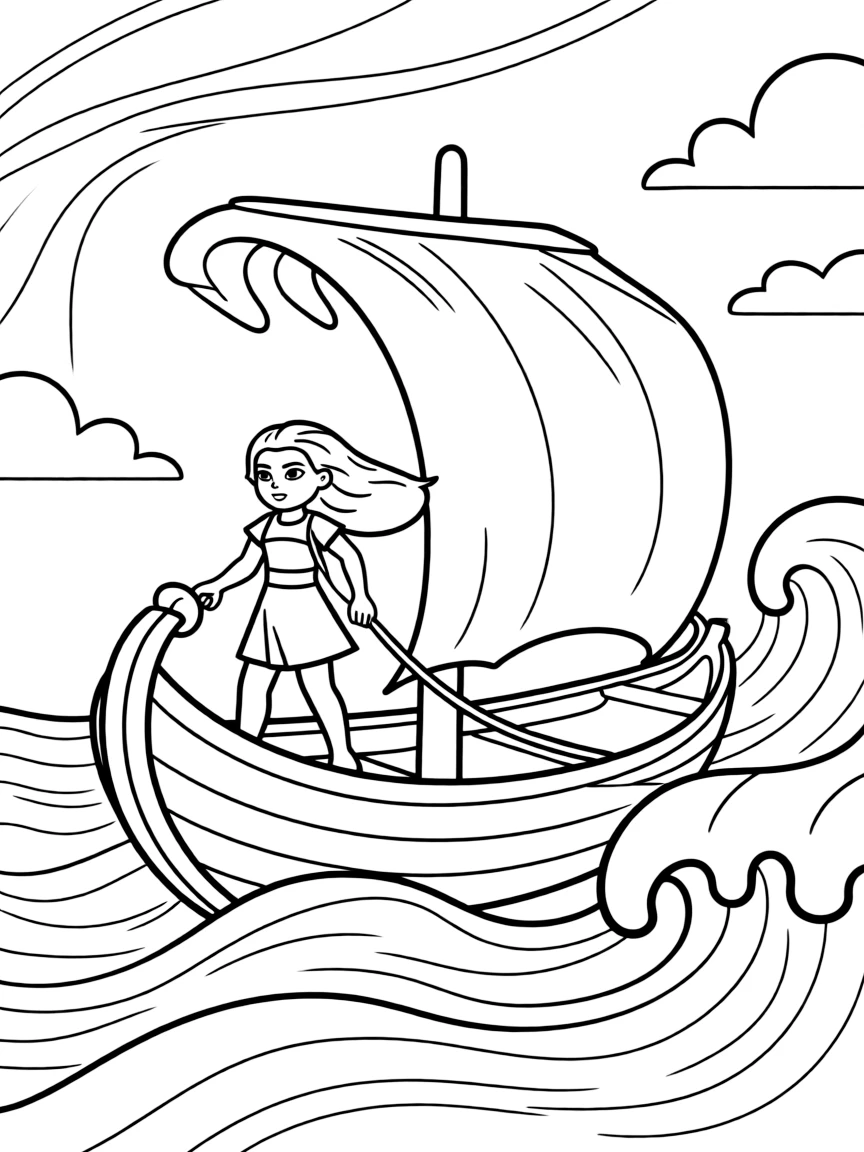 Moana sailing her boat during a storm, looking brave.