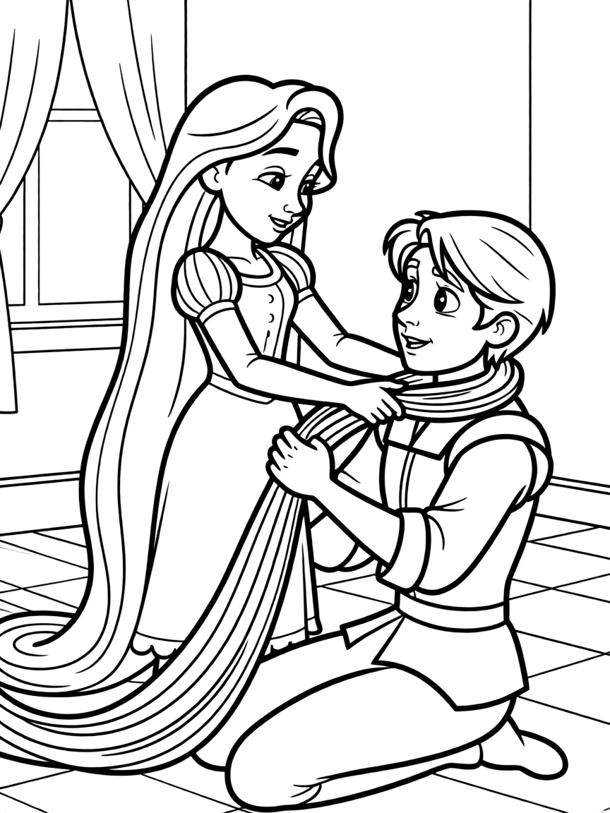 Rapunzel healing Flynn Rider with her hair.