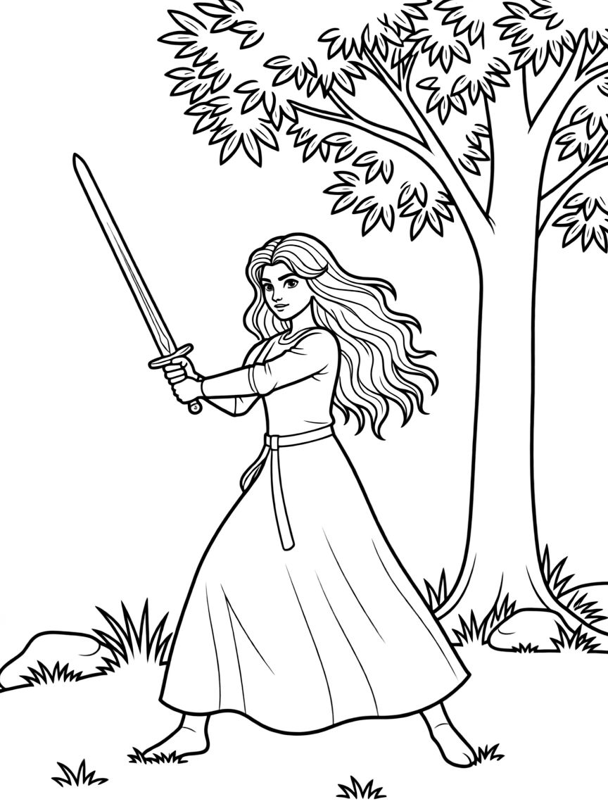 Merida practicing her sword fighting skills.