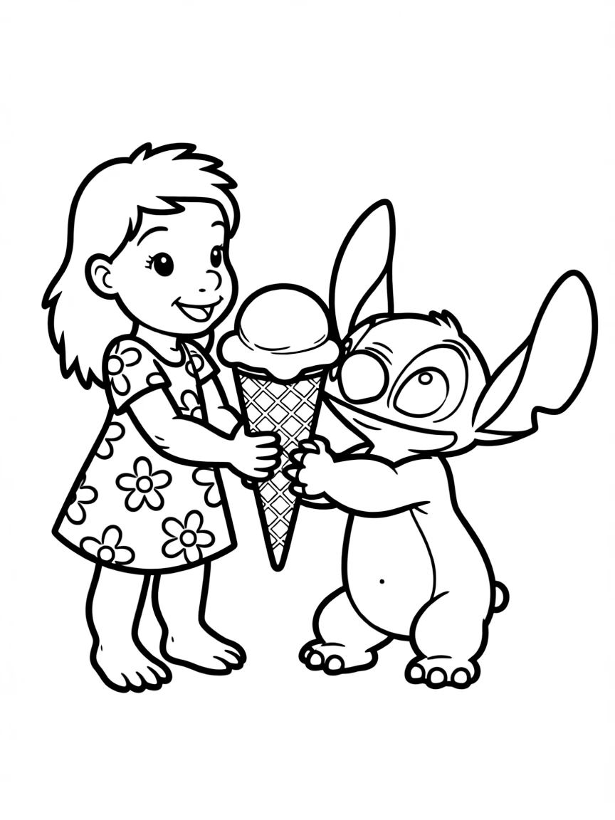 Lilo and Stitch sharing an ice cream cone.