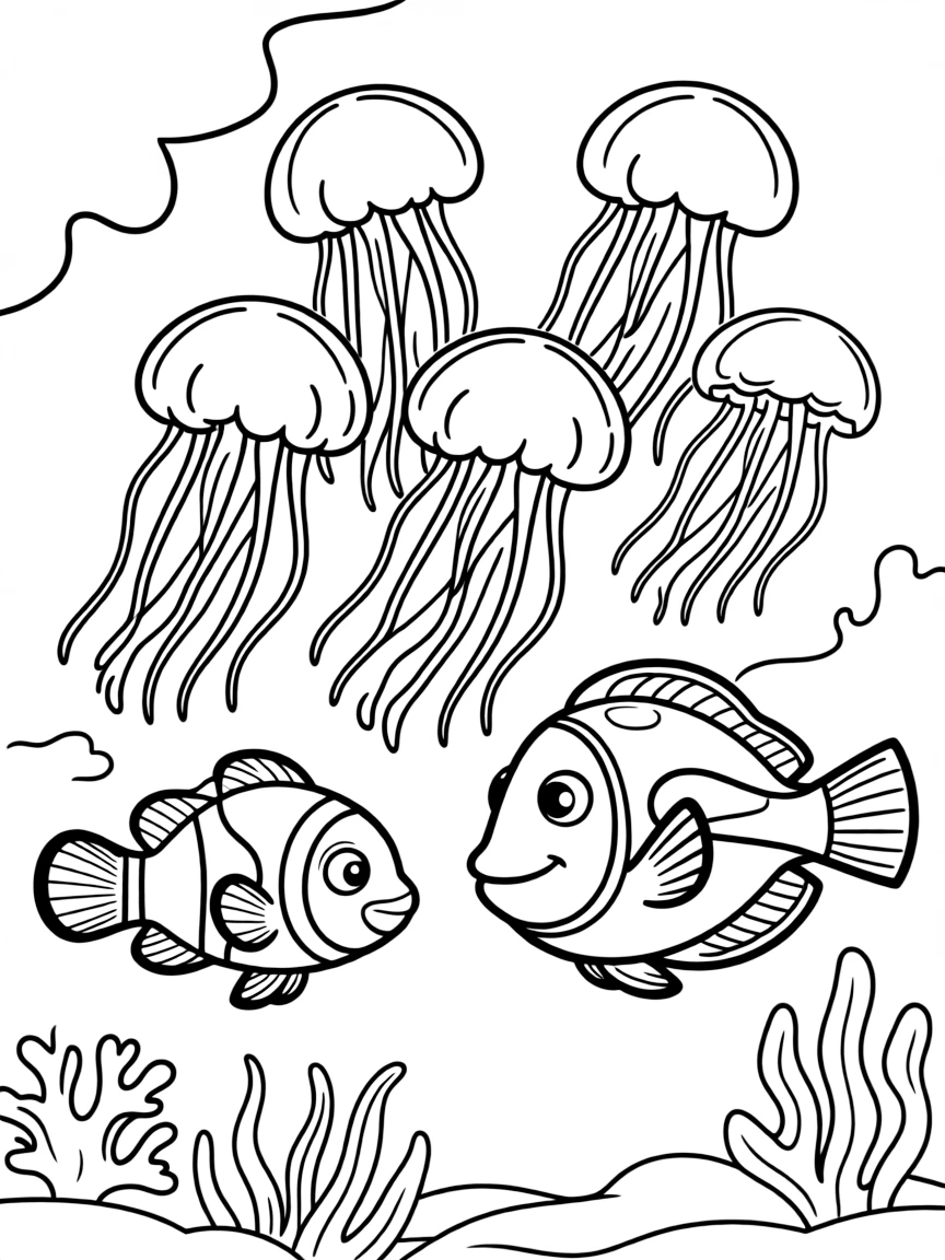 Nemo and Dory meeting a school of jellyfish.