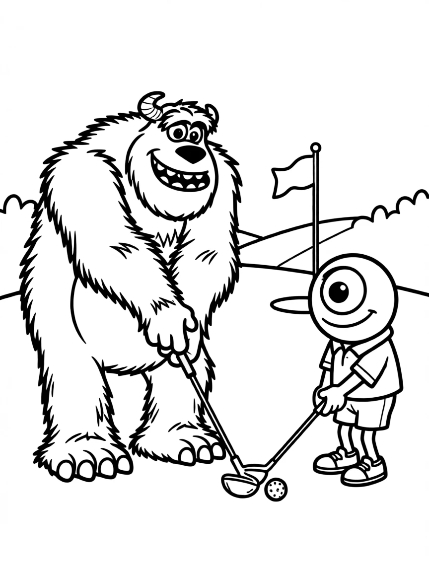 Sulley and Mike playing a game of golf.