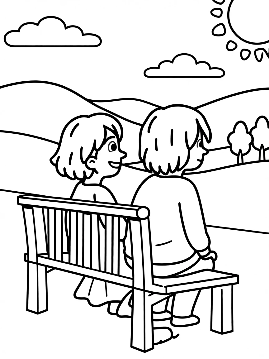 Joy and Sadness sitting on a bench, looking at the view.