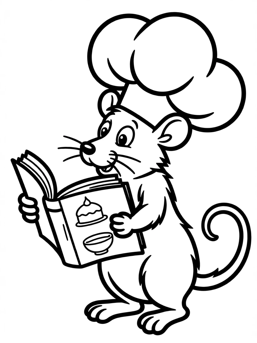 Remy looking at a cookbook, with a chef's hat.