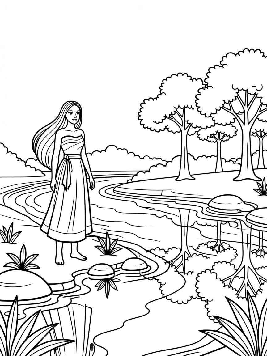 Pocahontas standing by a river, with reflections.