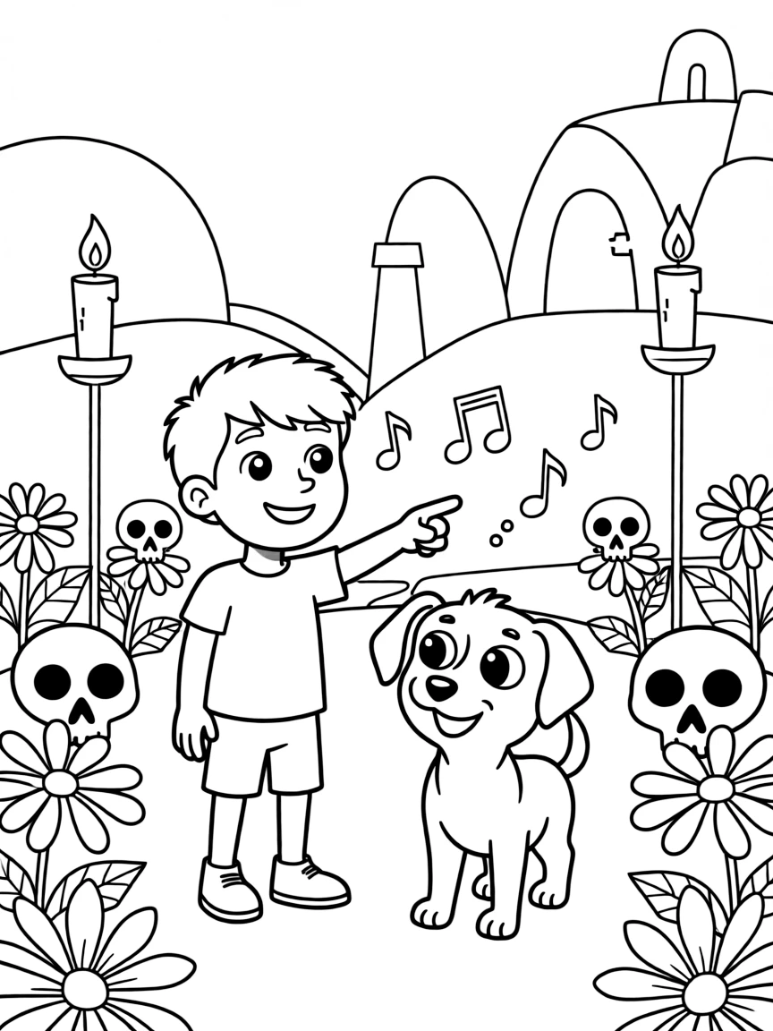Miguel and Dante exploring the Land of the Dead, with bright colors.