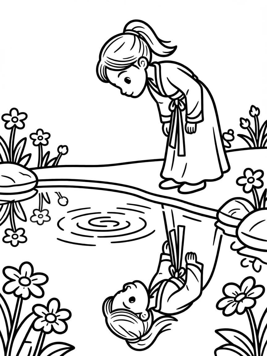 Mulan looking at her reflection in the water.
