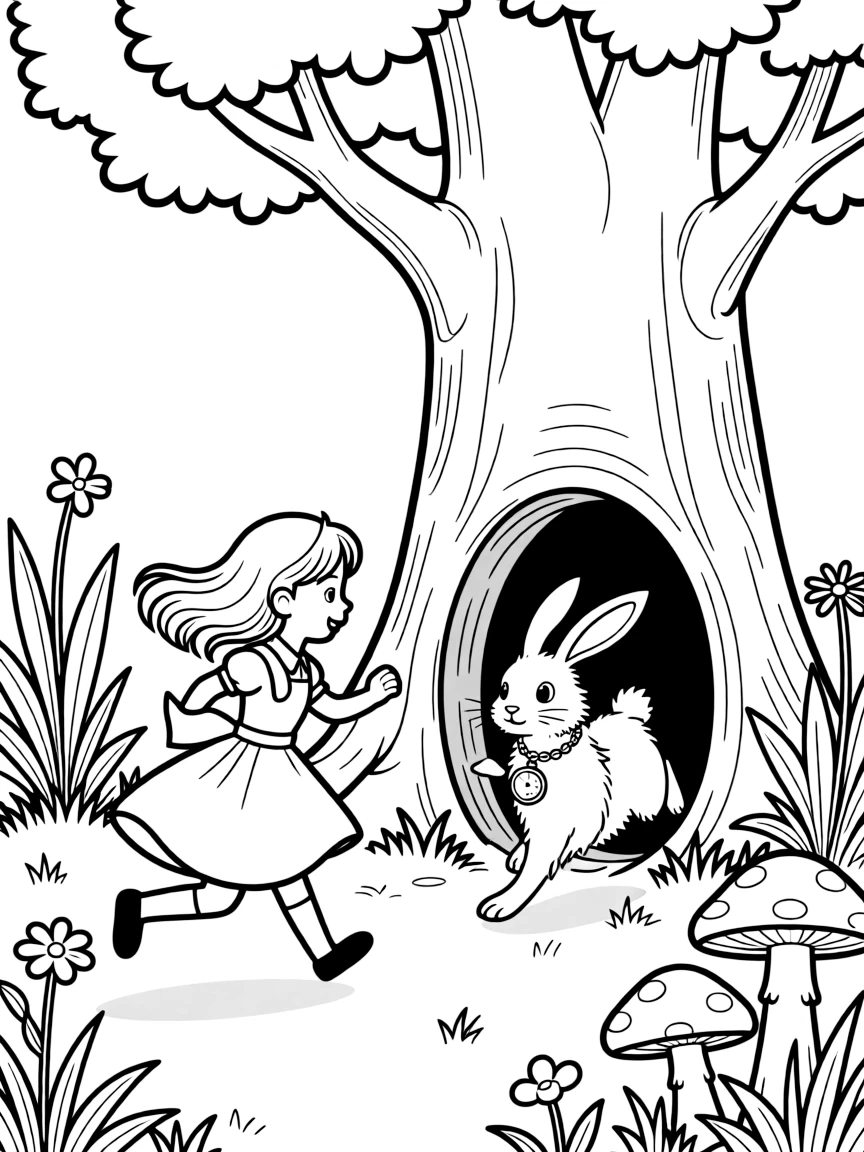 Alice chasing the White Rabbit down a hole.