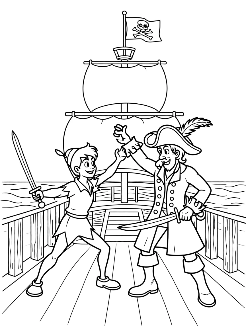 Peter Pan and Captain Hook fighting on the Jolly Roger.
