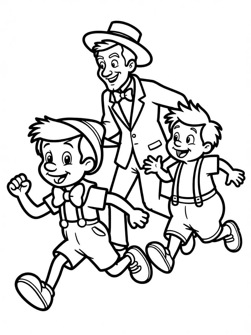 Pinocchio running away from Honest John and Gideon.