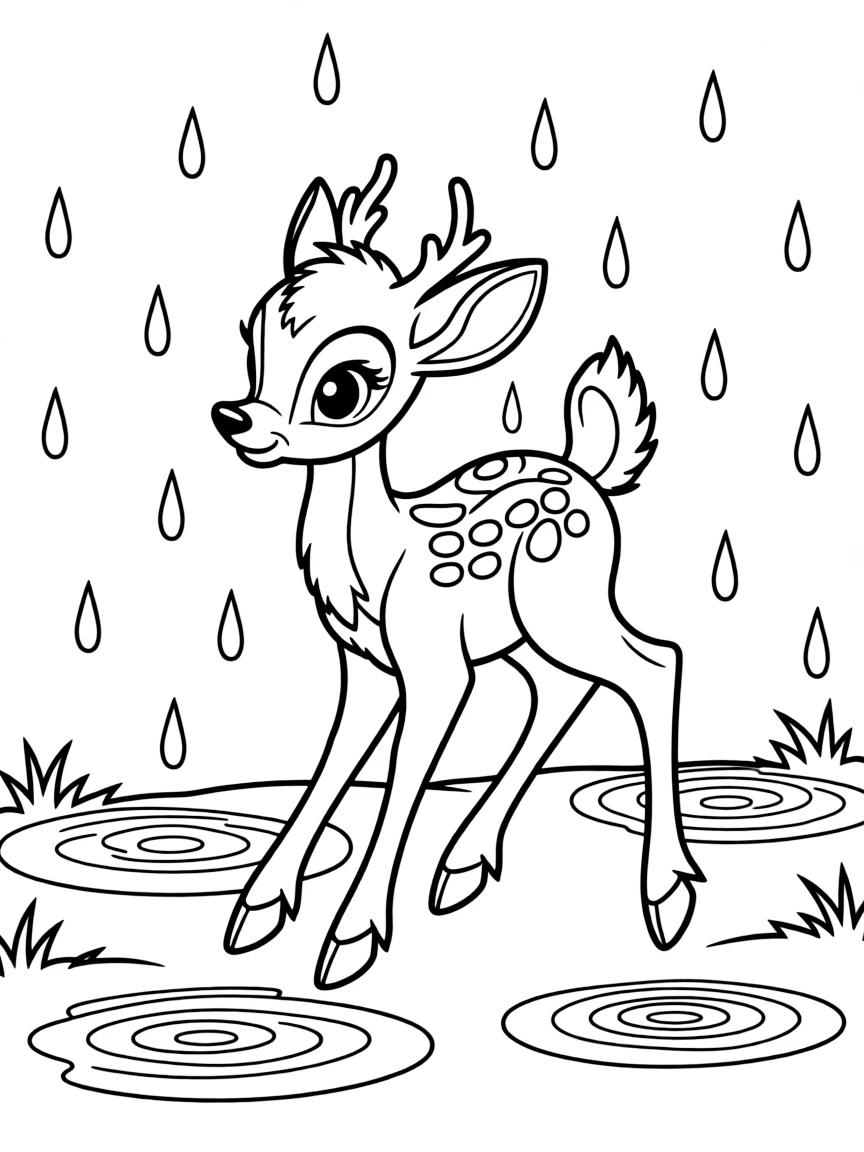 Bambi playing in the rain, with puddles.