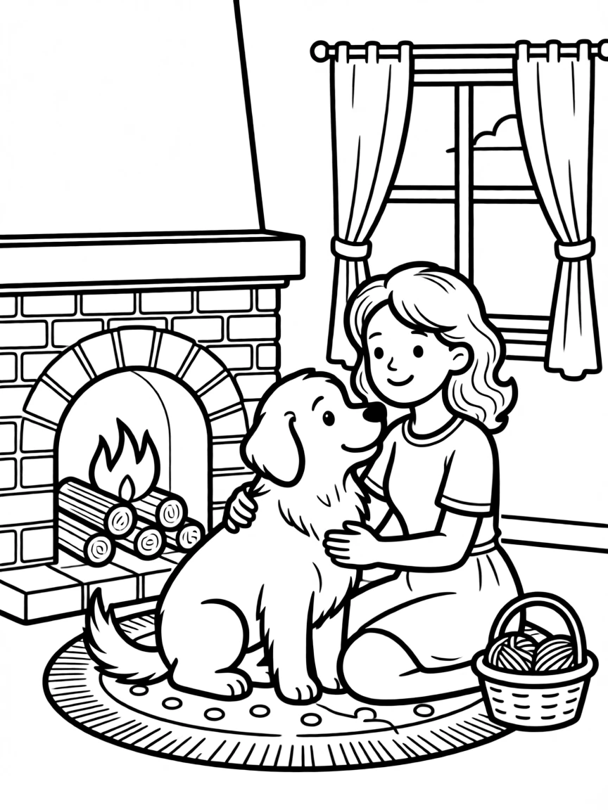 Lady and Tramp cuddling by the fireplace.