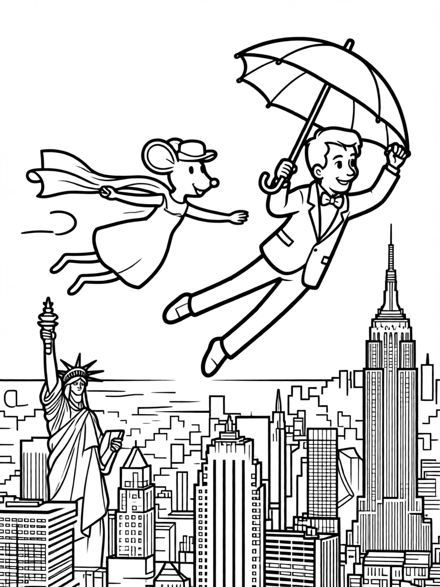 Bernard and Miss Bianca flying over New York City.