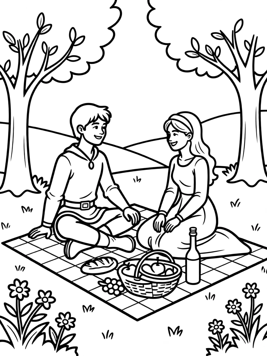 Robin Hood and Maid Marian having a picnic.