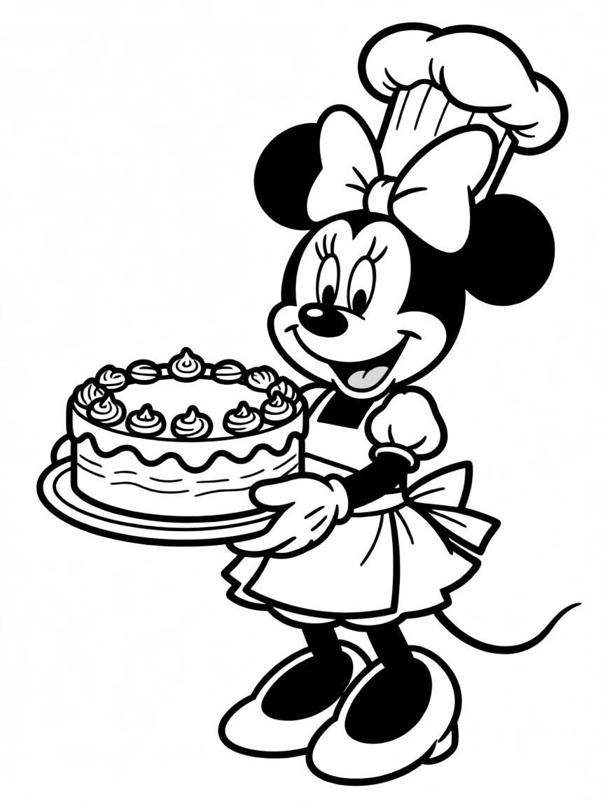 Minnie Mouse wearing a chef's hat, holding a cake.