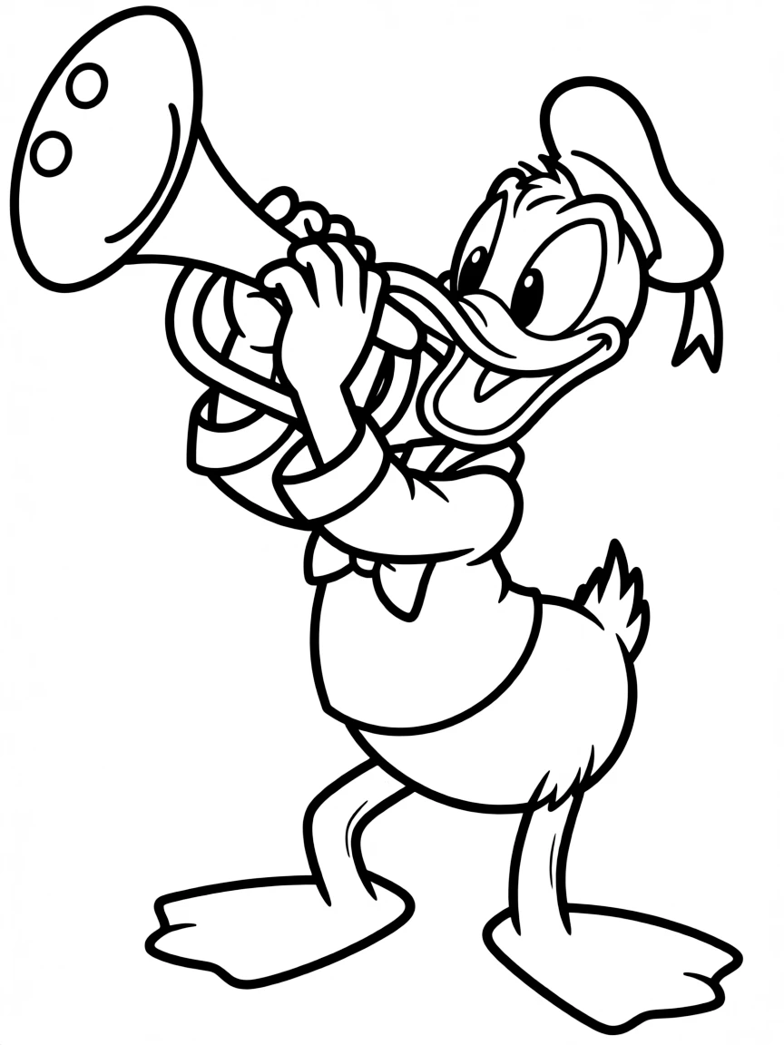 Donald Duck playing the trumpet, looking proud.