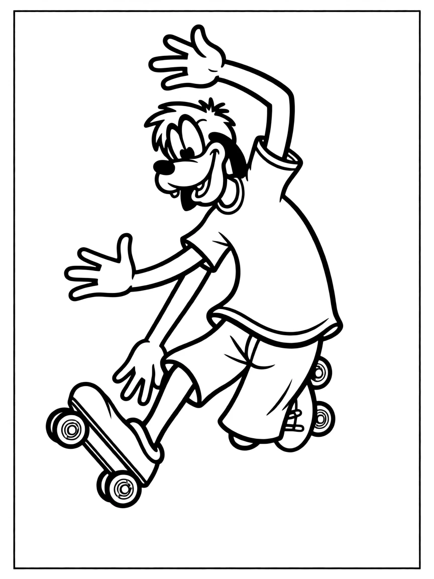 Goofy trying to rollerskate, falling down.