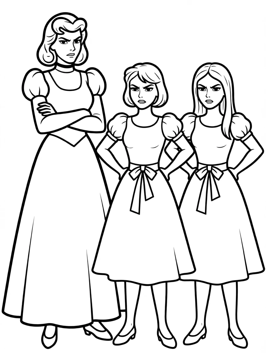 Cinderella's stepmother and stepsisters looking angry.