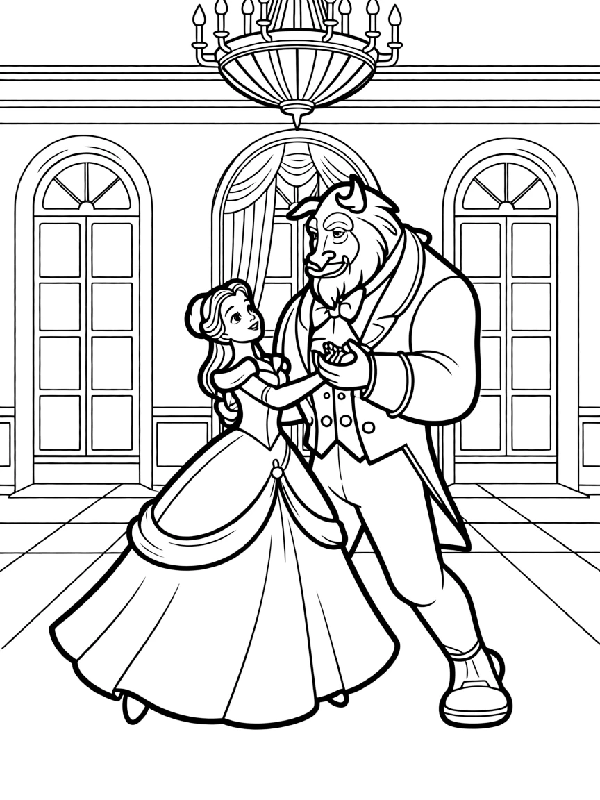 Belle and Beast waltzing in the ballroom.