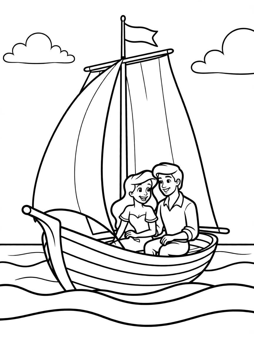 Ariel and Prince Eric sailing on a boat.