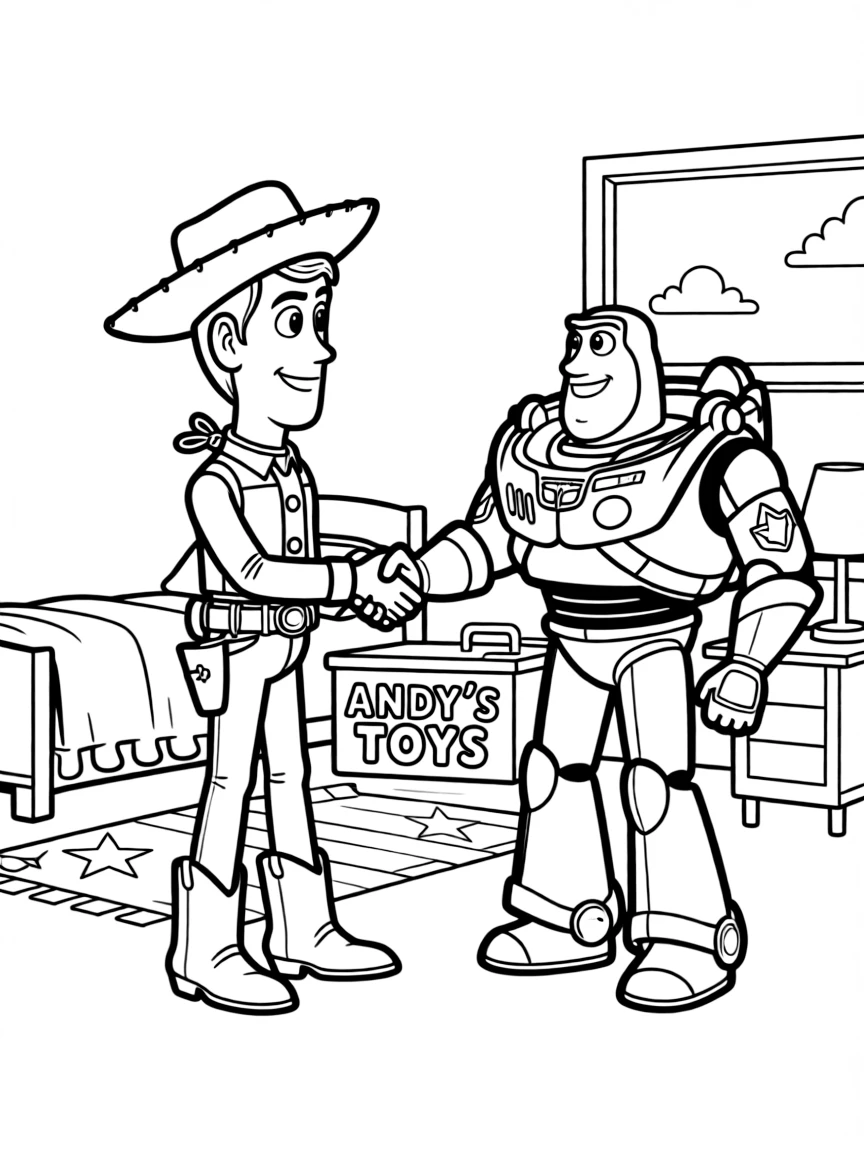 Woody and Buzz shaking hands in Andy's room.