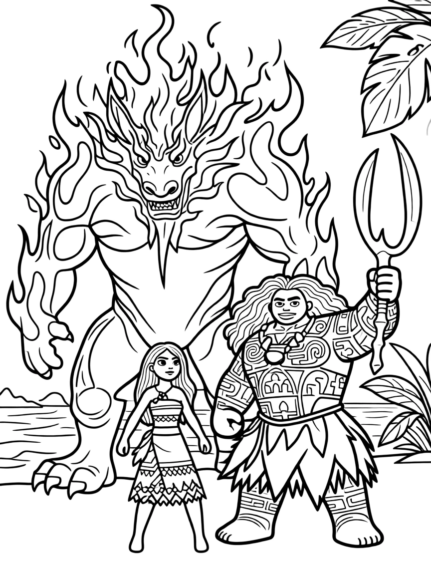 Moana and Maui facing Te Ka, looking determined.
