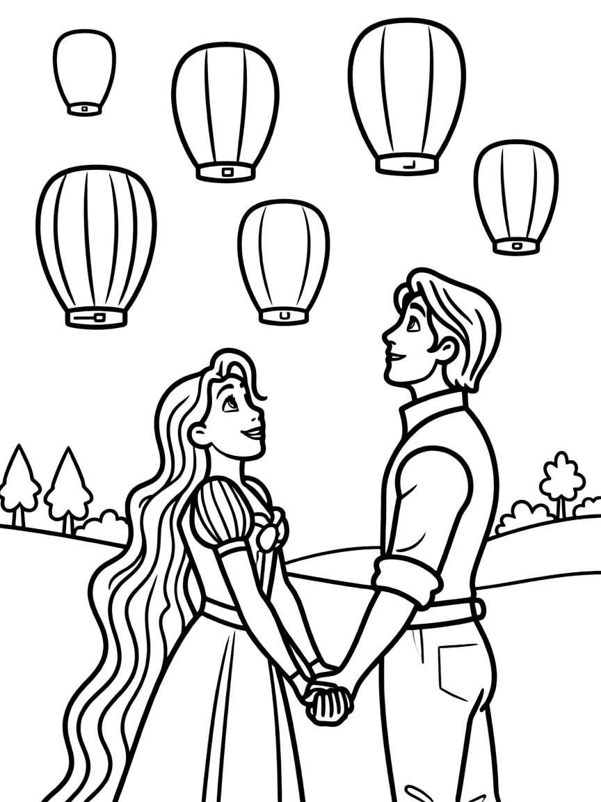 Rapunzel and Flynn watching the lanterns, holding hands.